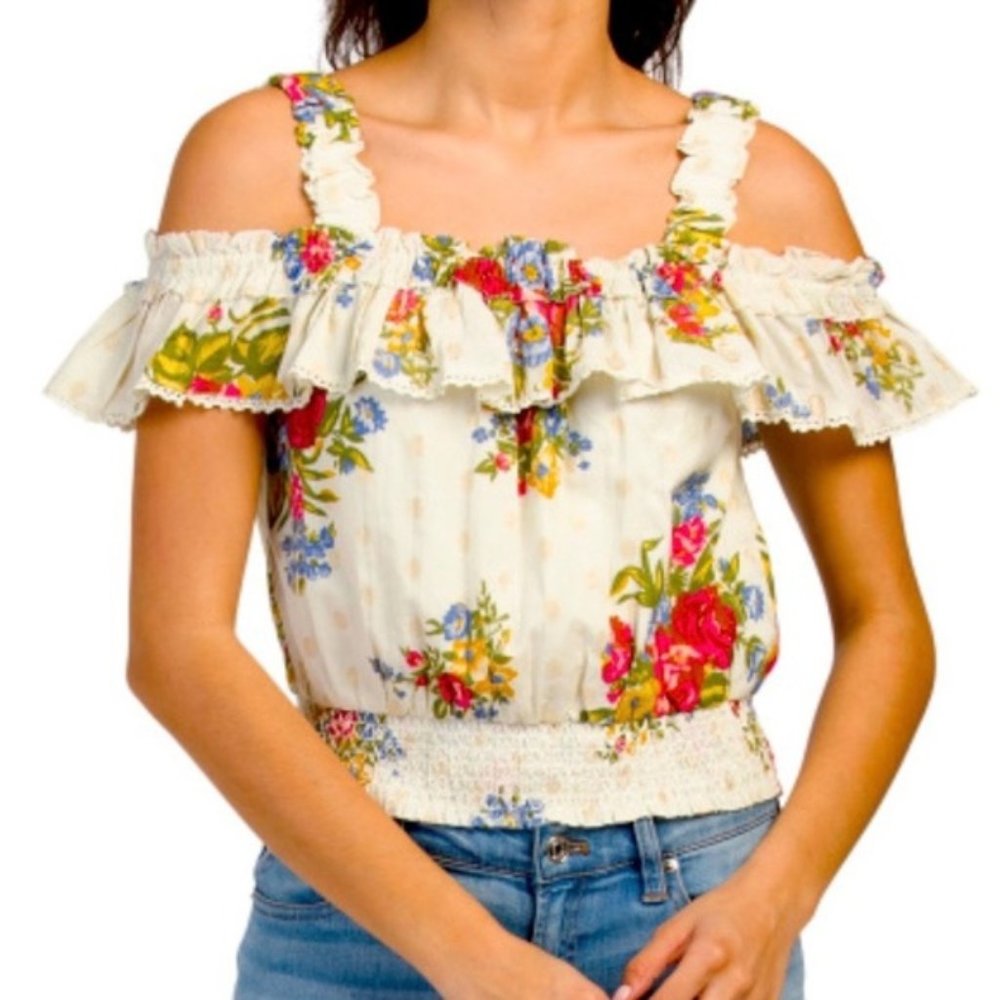 House of Harlow Off-the-Shoulder Smocked ruffle floral blouse